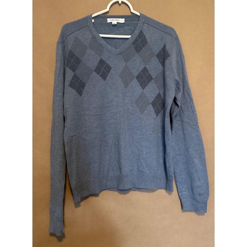 Mens Calvin Klein M Medium Long Sleeve Pima V-Neck Argyle Sweater